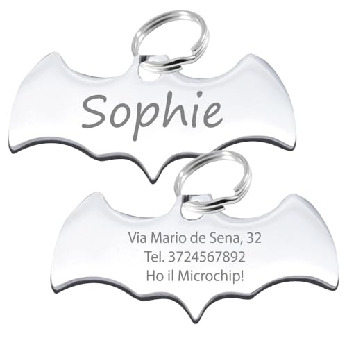 FRAMEG - Placa personalizada para perros y gatos de acero inoxidable - Medalla Identificativa con forma de murciélago para mascotas, ideal para deportes al aire libre (plata)