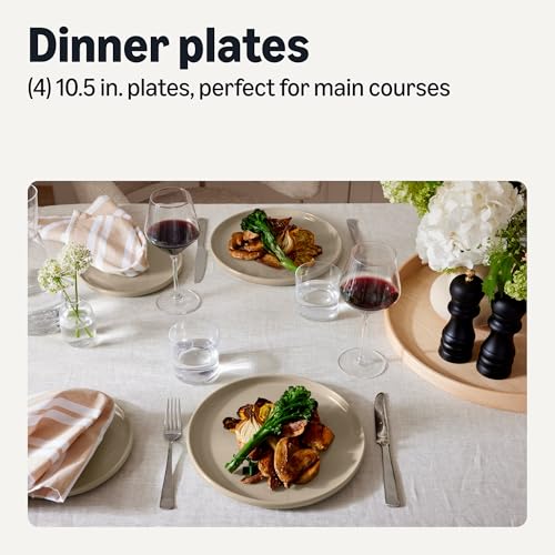 Image of Amazon Basics Glazed Stoneware Dinner Plates, Ceramic 4-Piece Set, Microwave, Dishwasher and Freezer-Safe, Modern Design, 10.5 in., Linen Gray