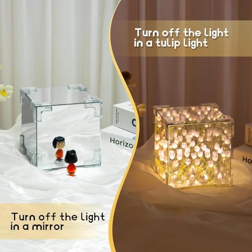 Image of Tulip Night Light,Led Decorative Nights Lamp for Bedroom,Handmade DIY Magic Cube Flower Table Lamp and Mirror 2 in 1,21 Flowers Birthday Gifts