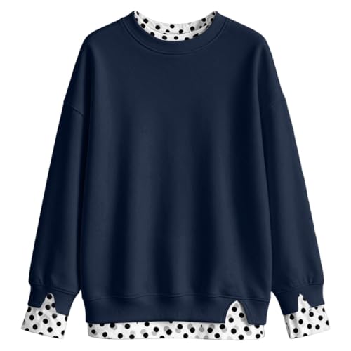 XINGJIAARTS Oversized Crewneck Sweatshirt Women Patchwork Long Sleeve Fall Tops Side Slit Pullover Trendy Fashion Outfits Dark Blue XX-Large (xx_l) - image 3