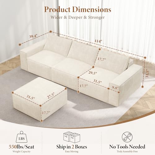 Image of Vesgantti 114 inch Boneless Modular Sectional Sofa, Modern 3 Seater Couch with Ottoman & Deep Seat, Convertible Chenille L Shaped Cloud Couches for Living Room, No Assembly Required, Beige
