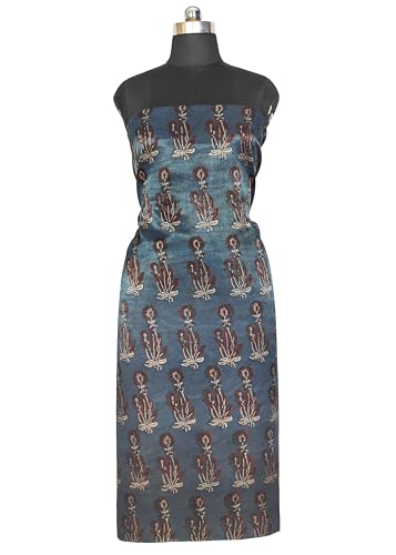Image of Ethnics of Kutch Women's Ajrakh Mashru Silk Natural Dye Hand Block Print Unstitched Kurta Fabric Mtr Length (3 Mtrs - Indigo 07C02A)