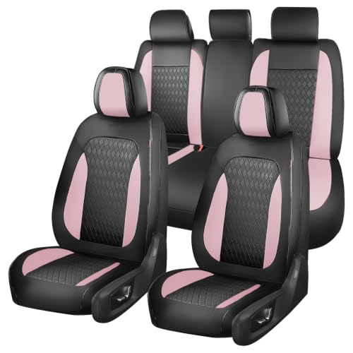 Image of Coverado Car Seat Covers Full Set, Leather Seat Covers for Cars, Waterproof Car Seat Protectors, Front and Back Car Seat Cushions Automotive Seat Covers Universal Fit for Most Cars, Black&Pink