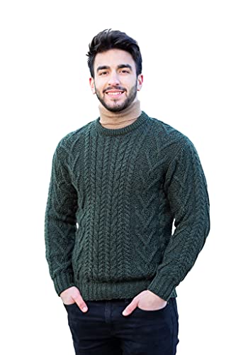 SAOL 100% Merino Wool Men's Irish Traditional Aran Crew Neck Cable Knit Sweater Pullover (US, Alpha, Small, Regular, Regular, Army Green)
