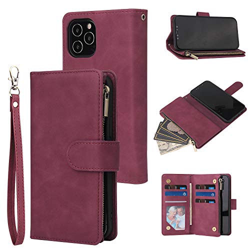 QLTYPRI Case for iPhone 13 Large Capacity Leather Wallet Case 6 Card Holder & 1 Zipper Pocket Kickstand Wrist Strap Magnetic Case for iPhone 13 - Red
