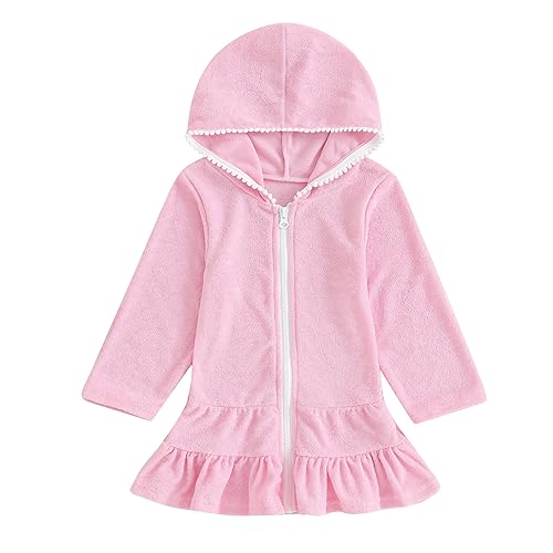 Lefyira Kids Girls Swim Cover Up Toddler Hooded Zipper Swimsuit Ruffle Hem Beach Dresses Baby Long Sleeve Beach Coverup (05#Pink, 2-3 Years)