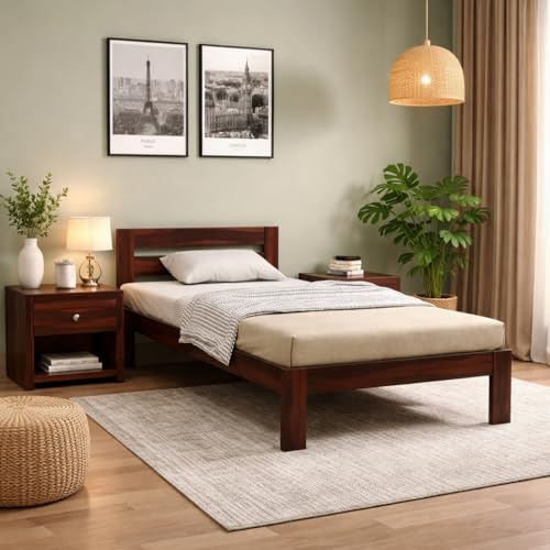 Image of KR Furniture Solid Sheesham Wood Single Bed with Headboard | Solid Wooden Cot for Bedroom, Guest Room & Apartment | Strong Frame Support with Sturdy Legs | 6 * 3 ft | Walnut Finish
