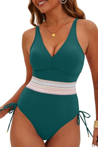 Yutdeng Bañador Reductor Mujer Vientre Plano Trajes de Baño Una Pieza Cinta Trenzada Cuello V con Relleno Push Up Bañador Reductor Barriga Deportivo Ropa de Baño Bañadores Mujer Natacion,Turquesa,L