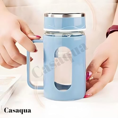 Image of Glass Tea Mug with Handle - 500ml, Set of 1, Portable Loose Leaf Tea Brewer Cup with Leakproof Lid, Heat Resistant Glass Tumbler for Hot & Cold Beverages, Office, Home (Multicolor)