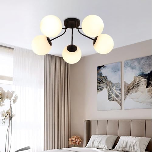 Image of Prop It Up Modern Globe Ceiling Light, 5-Light Semi Flush Mount, Black Metal Frame with White Glass Shades, Without Bulb