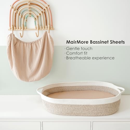 Image of MairMore Muslin Bassinet Sheets for Babies - Soft & Breathable 100% Cotton Fitted Sheets for Oval, Rectangle, Hourglass Bassinet Mattress Pads, 2-Pack (Ivory & Pink)