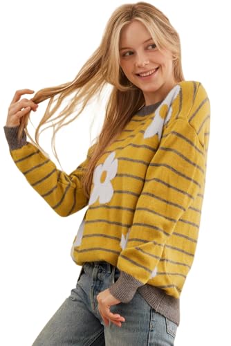 Women's Cozy Yellow Stripe Daisy Floral Round Neck Sweater for Winter2