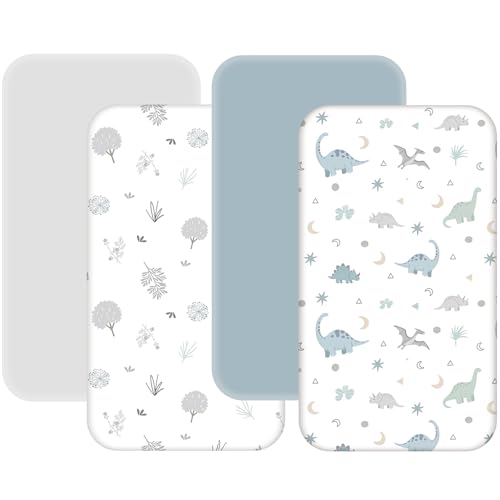 Image of 4 Pack Mini Crib Sheets Fitted - 38"x26" Pack and Play Sheets for Playard Mattress, Portable Mini Crib | Soft & Skin Friendly Pack N Play Sheets for Boys Girls (Dinosaur & Leaf)