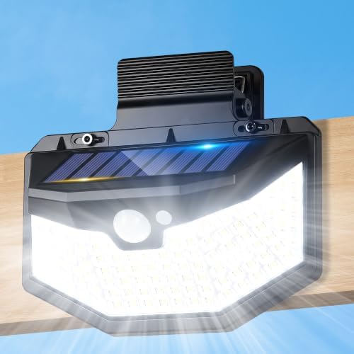 800LM Clip On Solar Lights Outdoor, 270° Wide Angle Motion Sensor Outdoor Lights with 115 LEDs & 3 Modes, IP65 Waterproof Solar Fence Lights Outdoor for Deck, Gutter, Patio, Backyard, Railing 1Pack