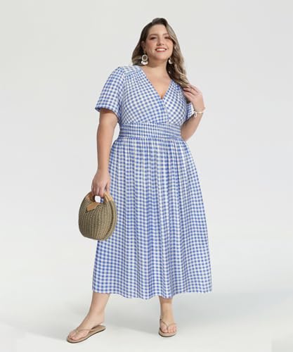 Image of CARCOS Plus Size Dresses for Curvy Women V Neck Summer Maxi Dress Short Sleeve Floral Boho Dress Smocked Waist Beach Dress