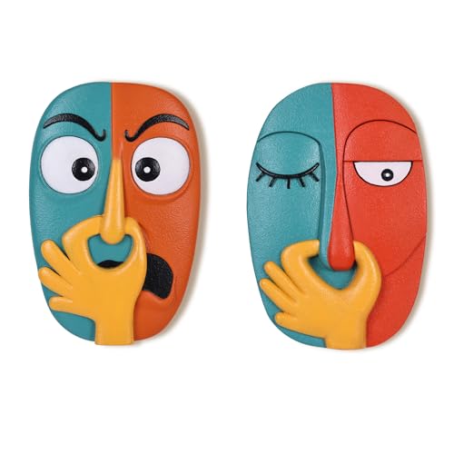 Sculptures de visage pour salon et entrée : lot de 2 décorations murales abstraites et colorées