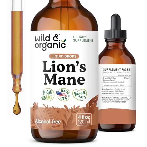 Wild & Organic Lions Mane Liquid Drops - Brain & Focus Support - Lions Mane Mushroom Supplement - Hericium Erinaceus Mushroom Drops - Mix with Powder - Sugar & Alcohol-Free Extract Tincture - 4 oz
