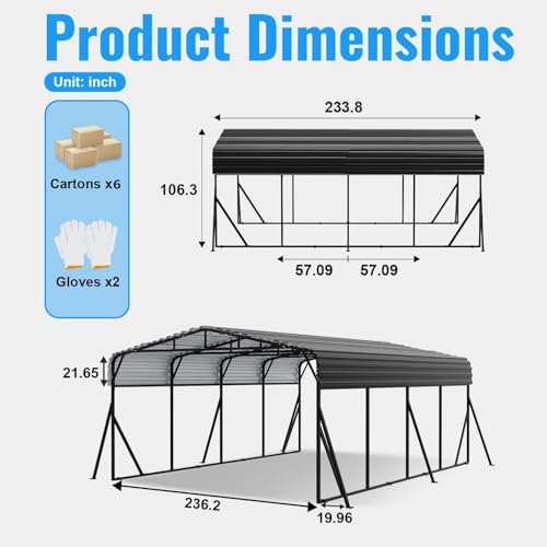 Image of 20X20FT Heavy Duty Carport, Metal Carport with Reinforced Frame & Side Support Poles for All-Weather, Large Outdoor Car Port Suitable for Parking Pickup, Boat, Car, and Tractor