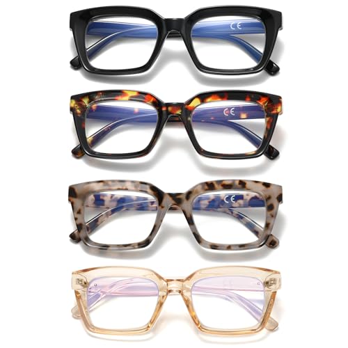 RLOZRN 4 Pack Oversized Reading Glasses for Women, Oprah Style Square Blue Light Blocking Computer Readers for Women,1.5