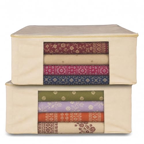 Image of JD FRESH 2 Pcs Cotton Saree Cover for Wardrobe /Space Saving Bag with Zip Closure & Big Transparent Window /Wardrobe-Cupboard Organizer for Clothes /Bedsheets /Lehengas (17 X 14 x 7 Inch, Off White)