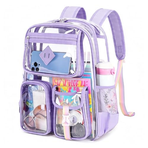 PIG PIG GIRL Clear Backpack for School,Heavy Duty PVC Transparent Bookbag for Girls Stadium Approved See Through Backpack for Women for College Work Travel Festival,Purple