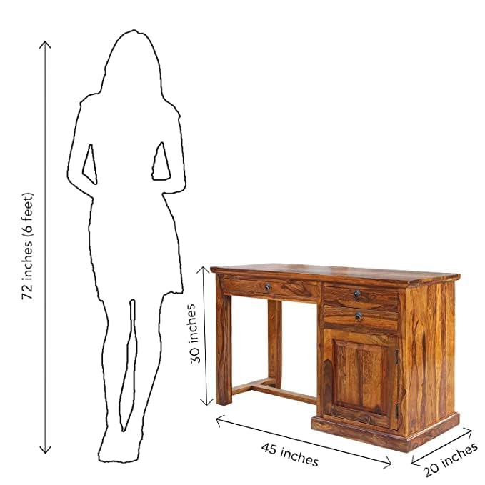 Image of Solid Sheesham Wood Computer Study Desk Table |Home and Office Computer Table with Three Drawer & Single Door Natural Honey Polished (114D x 50W x 75H) CM