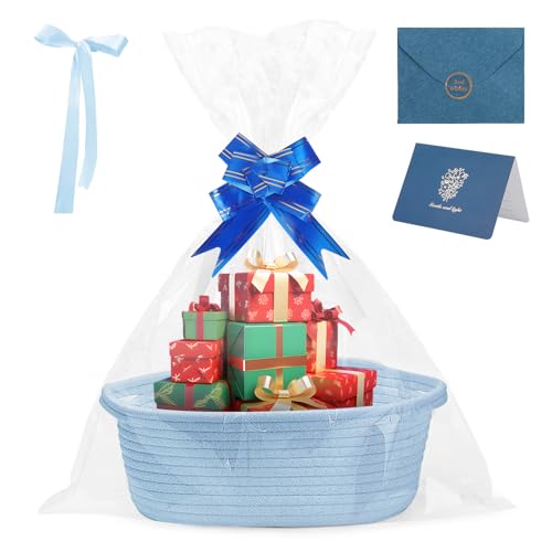 Geschenkkorb Leer 30x20x12 cm Präsentkorb Leer Korb für Geschenke mit Transparent Geschenkfolie Bändern und Grußkarte für Geburtstage Hochzeiten Babyparty Ostern Halloween Erntedank Weihnacht (Blau)