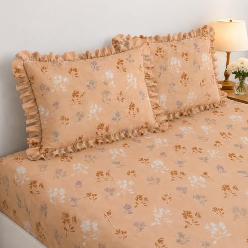 Image of 380 TC Premium Glace Cotton Elastic Fitted Bedsheet King Size with 2 Pillow Covers King Size | Double Bed with All Around Elastic (Honey Blossom, Fitted - Double72x72)