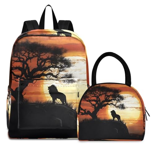 Backpack Lunch Box Set Large Capacity Travel Backpacks and Insulated Lunch Bag for Commute Hiking Picnic Lion Silhouettes Print