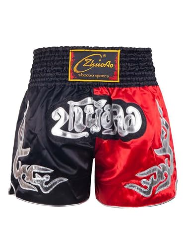 Nyeemya Kids Boys Muay Thai Boxer Shorts Martial Arts Grappling Training Bottoms Kickboxing Fighting Shorts Black&Red 11-12 Years
