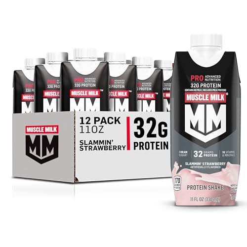 Muscle Milk Pro Advanced Nutrition Protein Shake, Slammin’ Strawberry, 11 Fl Oz Carton, 12 Pack, 32g Protein, 1g Sugar, 16 Vitamins & Minerals, 5g Fiber, Workout Recovery, Bottle, Packaging May Vary