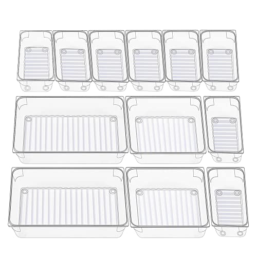 Schubladen Ordnungssystem, 12 Stuck Stiftablagen Getrennte Schubladen Organizer mit 3 Größen, Kunststoff Transparent Make Up Organizer Schublade für Küche Büro Schminktisch Kosmetik Bad thumbnail