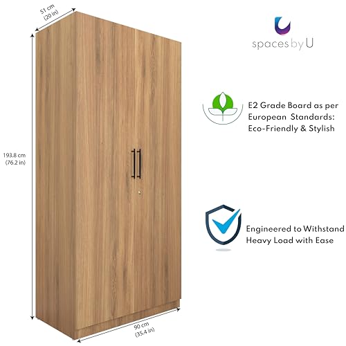 Image of Amoko Wardrobe | Engineered Wood Cupboard | Almirah | 2 Doors, 9 Shelves, Soft-Close Hinges, 1 Drawer 16 inch, 17mm Thick Shelves & Door Panels, 1 Hanging Rod | FREE Installation (Wood Oak Light)