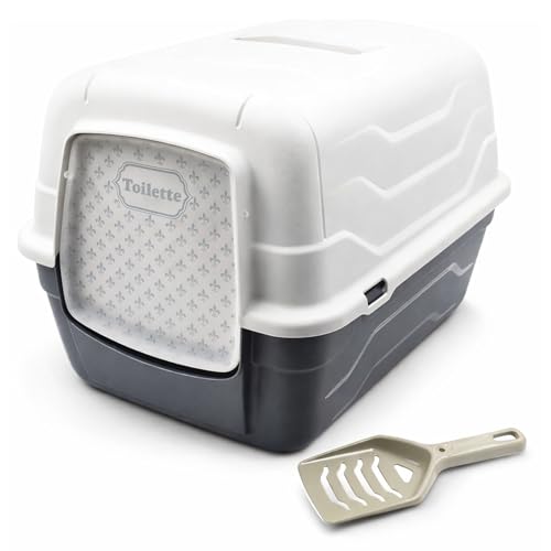 Aimé | Maison de Toilette Chat 52x40x39 cm | Bac Litière pour Chat avec Toit Ouvrant, Porte Battante, Poignée de Transport et Pelle | à Filtre Charbon...