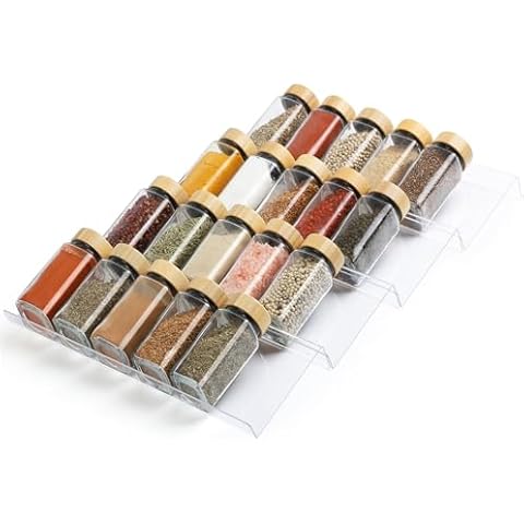 Suneerplay Spice Drawer Organizer 4 Tier, Acrylic Seasoning Organizer Rack, Clear Spice Rack Tray, Kitchen Seasoning Jars Drawers Insert (Jars Not Included/ Expandable From 9" to 18") Cover