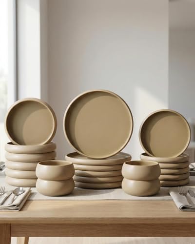 BAVARY Service Vaisselle 24 Pièces, Set De Table Beige & Assiette Porcelaine – Service De Table...