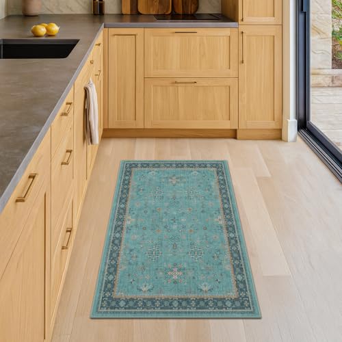 Image of 2x3 Washable Teal Rug for Entryway Indoor, Kitchen Floor Waterproof, Bathroom, Powder Room, Non Slip Low Pile Stain & Fade Resistant, Modern Turquoise Aqua Decor