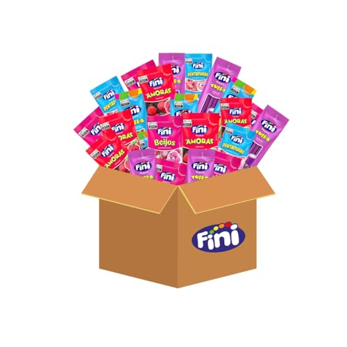 Fini Kit Sortido com 60 Pacotes, Balas de Gelatina, Tubes Twister, Mini Dentaduras, Beijos de Morango, Amoras, Tubes Uva, 15g Cada