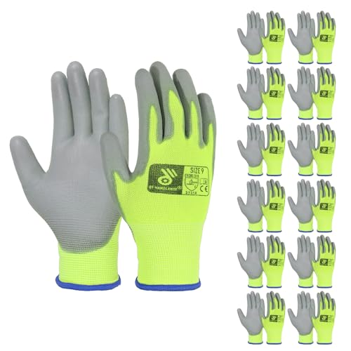 Image of HANDLANDY 12 Pairs PU Coated Nylon Black Protective Work Gloves, Non-slip Flexible Gloves for Construction, Warehouse, Gardening (Hi-vis Yellow, Large)