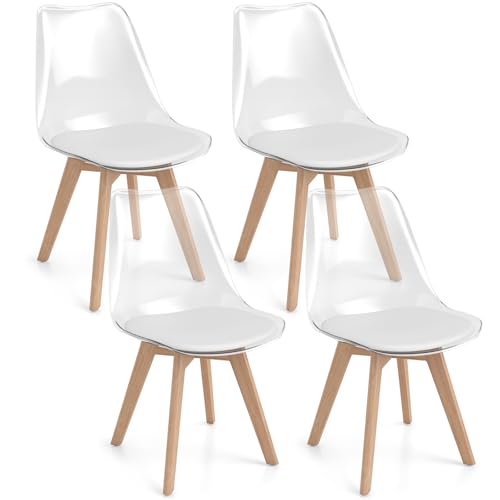 RELAX4LIFE Lot de 4 Chaises Salle à Manger Scandinaves, Chaise Cuisine Transparente, Pieds en Bois de Hêtre, Coussin en Simili Cuir, Chaise Scandinave Transparente...