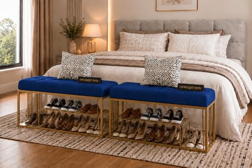 Image of Entryway Shoe Rack with Cushioned Seat, Shoe Bench for Entry, 2 Shelves Storage Bed Bench