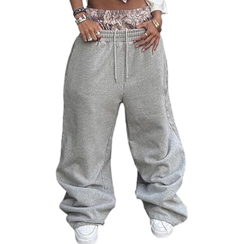 GUXMO Women's Drawstring Baggy Pants Double Waist Patchwork Straight Gray Sweatpants with Pockets Cover