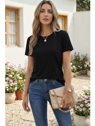 Women's T Shirt Cotton Short Sleeve T-Shirts Crewneck Basic Solid Color Tee Loose Fit Shirts Breathable Comfy Summer Tops for Women 2026 Black — view 2