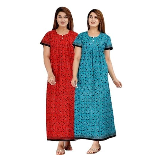 Image of OFEEFAN Cotton Nighty for Women - Pack of 2 Printed Maxi Gowns, Ankle-Length Night Dresses, Soft & Breathable Sleepwear - Free Size