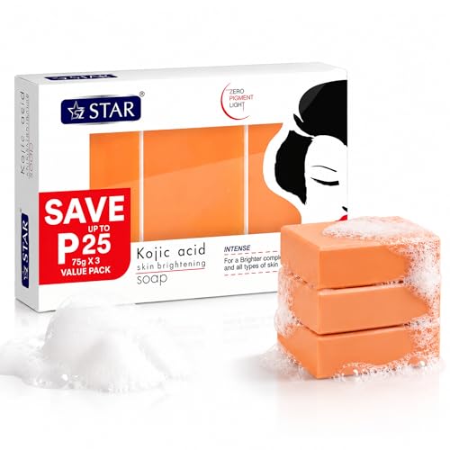 SZ STAR Kojic Acid Soap 75g x 3 Bars for Skin Whitening Hyperpigmentation and Acne Scars Natural Dark Spot Remover with Exfoliating Soap Formula for Blemish Control and Glowing Skin