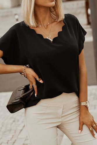 miduo Womens Scallop Trim Summer Fashion Solid Short Batwing Sleeve V Neck Blouses Tops2