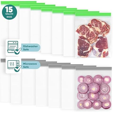 Lerine 15 Pack Reusable Gallon Freezer Bags Dishwasher Microwave Safe, Leakproof Reusable Freezer Bags 1 Gallon, Extra Thick BPA Free Food Storage Bags for Meal Prep, Kitchen & Home Organization Cover