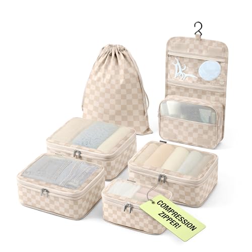 Vandel Space-Saving Compression Packing Cubes for Women with Hanging Toiletry Bag, Laundry Bag, Compressible Carry On Suit Case Organizer Luggage Packing Cubes for Travel Compression Organizer Bags