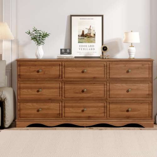 Chrangmay 9 Drawer Dresser,63" Wide Mid Century Chest of Drawers,Wooden Bedroom Drawer Dresser with 9 Storage Drawers for Bedroom,Living Room,with Anti-Tipping Device,Umber.