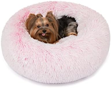 Friends Forever Coco Donut Dog Bed, Soft Faux Fur Cat Couch For Indoor Pet, Fluffy Calming Plush Shag, Round Raised Rim Bolster Cushion, Machine Washable Cuddler, Self Warming, 23x23, Pink